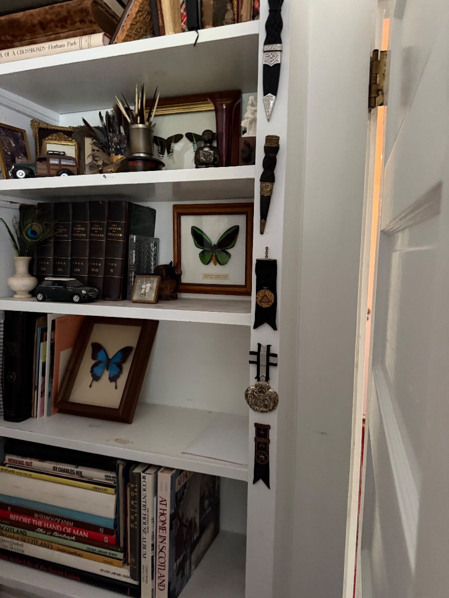 Framed butterflies, books, and small collectibles at the Caldwell estate sale